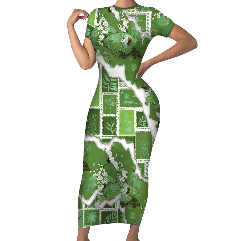 Hawaii Japanese Culture Sage Green Short Sleeve Bodycon Dress Spring Cranes Aloha Pattern LT01 Long Dress Sage - Polynesian Pride