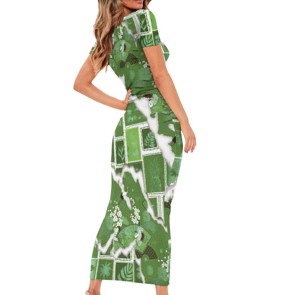 Hawaii Japanese Culture Sage Green Short Sleeve Bodycon Dress Spring Cranes Aloha Pattern LT01 - Polynesian Pride