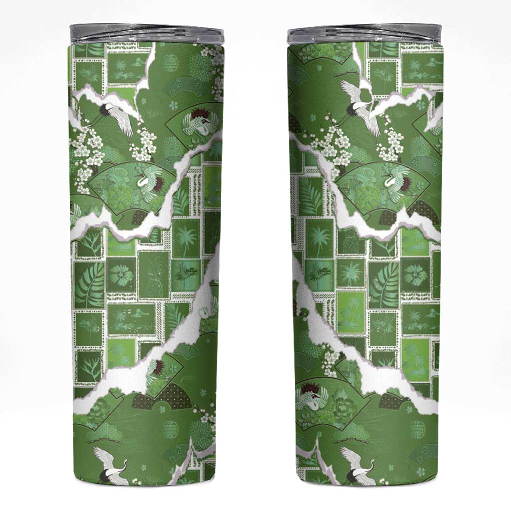 Hawaii Japanese Culture Sage Green Skinny Tumbler Spring Cranes Aloha Pattern LT01 Sage - Polynesian Pride