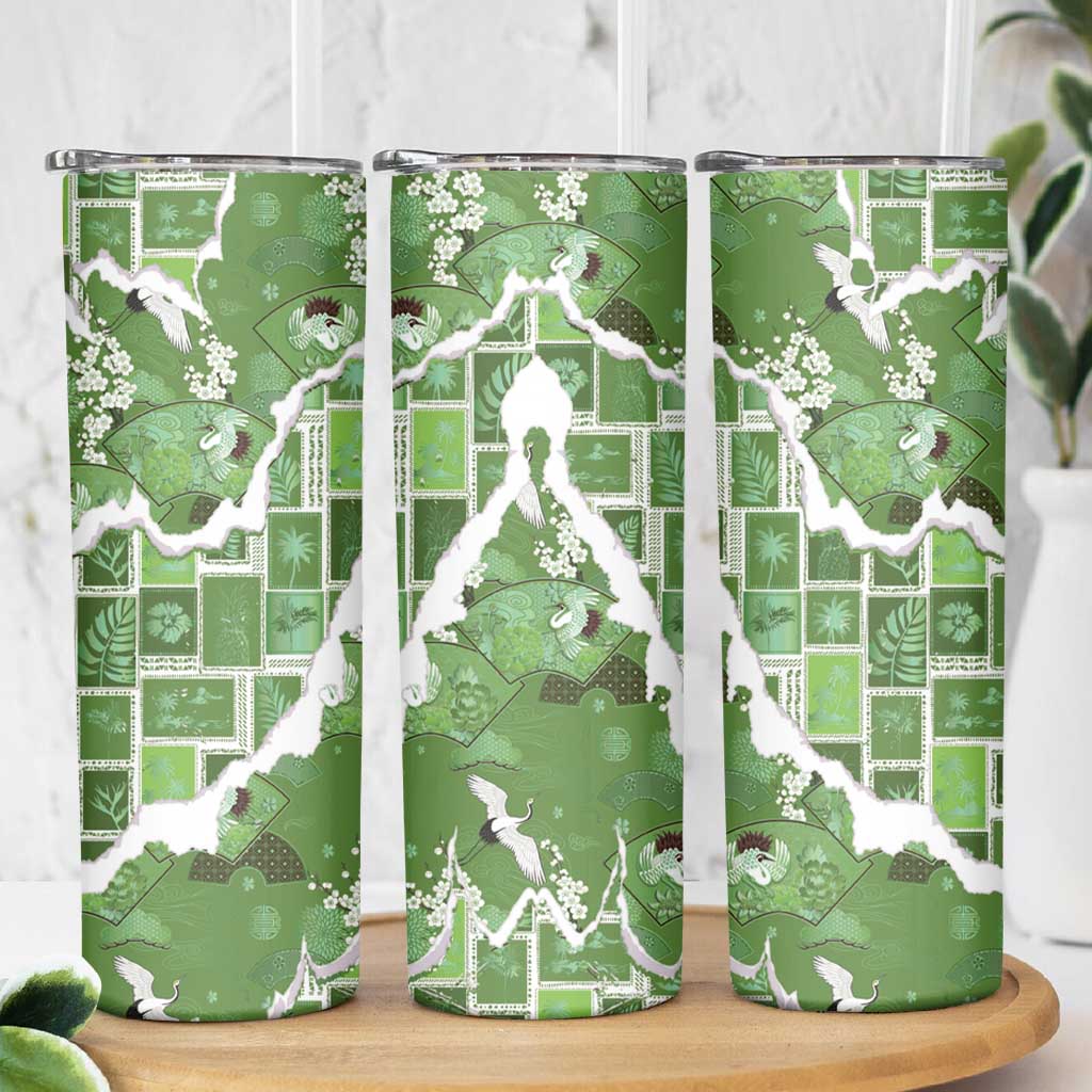 Hawaii Japanese Culture Sage Green Skinny Tumbler Spring Cranes Aloha Pattern LT01 - Polynesian Pride