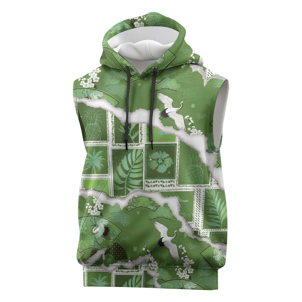 Hawaii Japanese Culture Sage Green Sleeveless Hoodie Spring Cranes Aloha Pattern