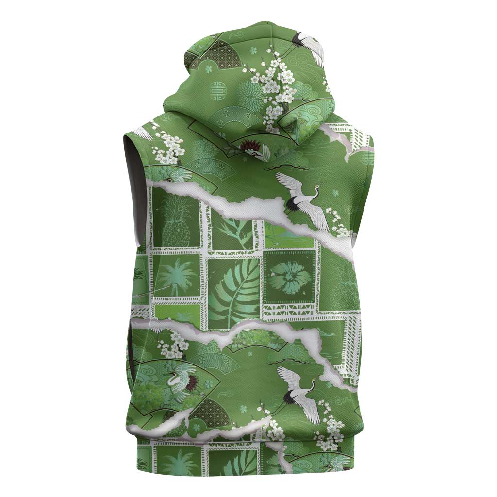 Hawaii Japanese Culture Sage Green Sleeveless Hoodie Spring Cranes Aloha Pattern