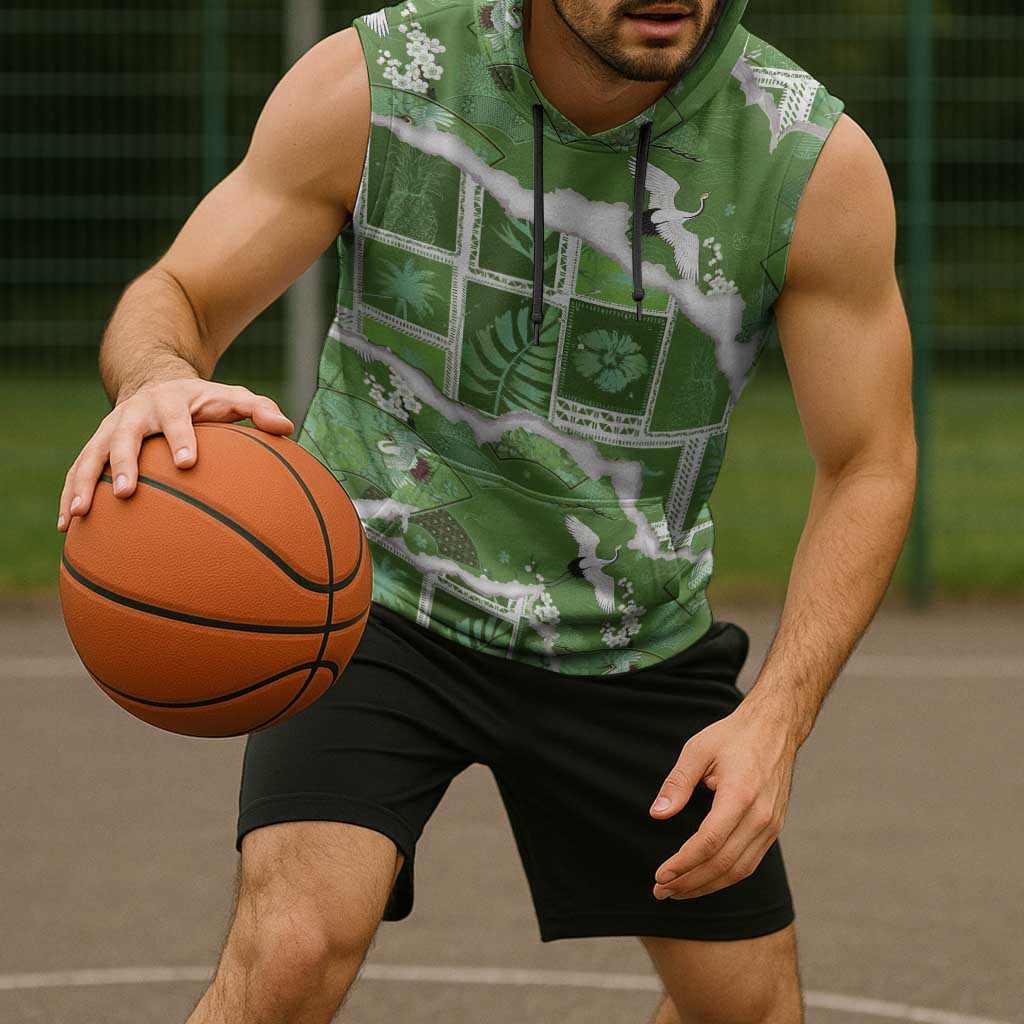 Hawaii Japanese Culture Sage Green Sleeveless Hoodie Spring Cranes Aloha Pattern