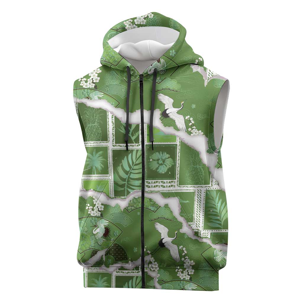 Hawaii Japanese Culture Sage Green Sleeveless Zip Hoodie Spring Cranes Aloha Pattern LT01 Sage - Polynesian Pride