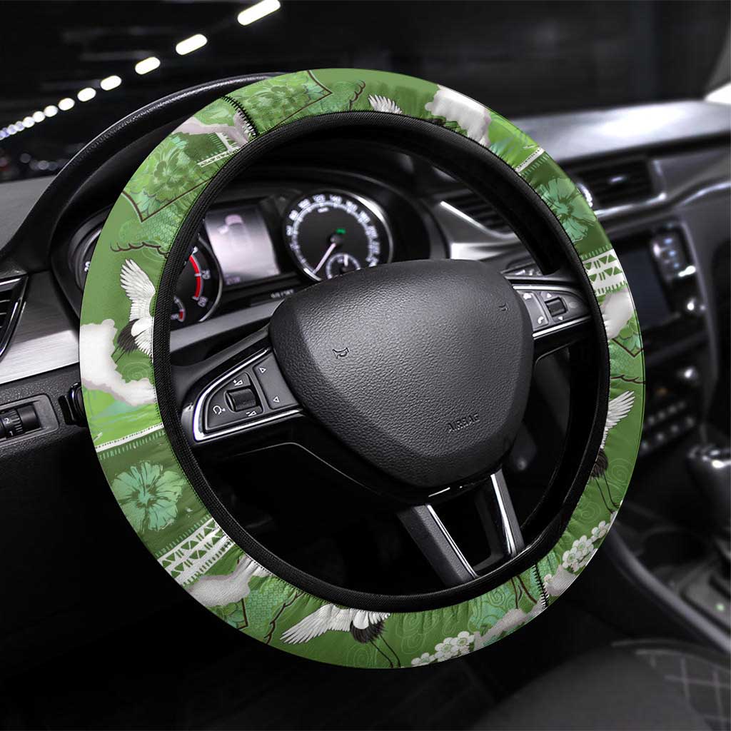 Hawaii Japanese Culture Sage Green Steering Wheel Cover Spring Cranes Aloha Pattern LT01 Universal Fit Sage - Polynesian Pride