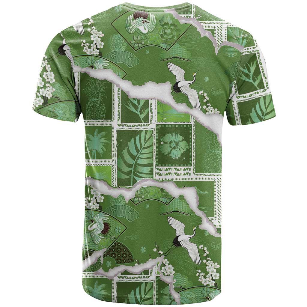 Hawaii Japanese Culture Sage Green T Shirt Spring Cranes Aloha Pattern LT01 - Polynesian Pride