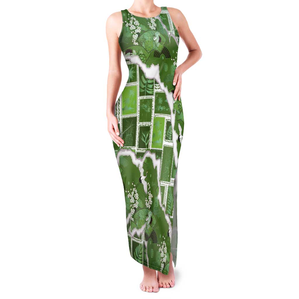 Hawaii Japanese Culture Sage Green Tank Maxi Dress Spring Cranes Aloha Pattern