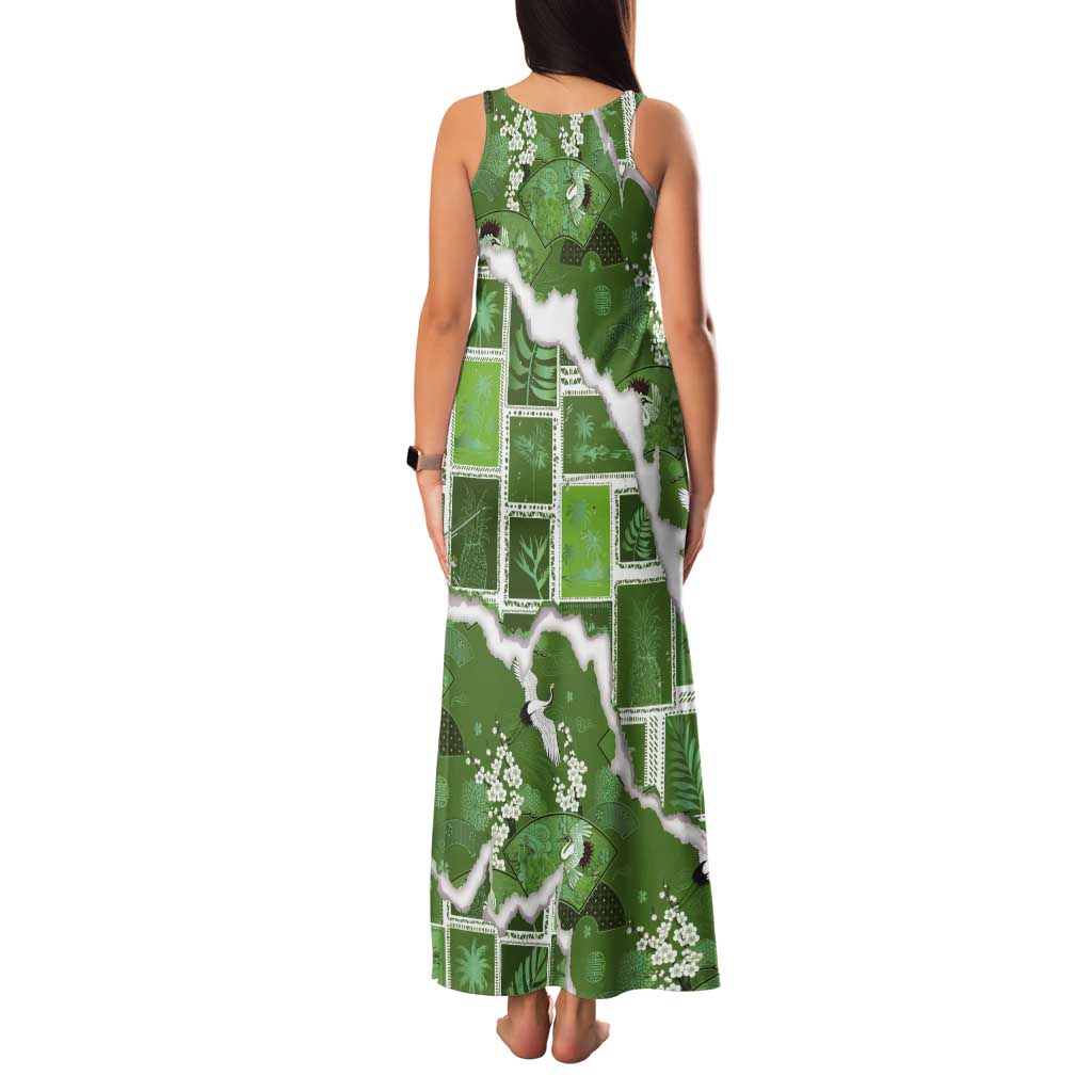 Hawaii Japanese Culture Sage Green Tank Maxi Dress Spring Cranes Aloha Pattern