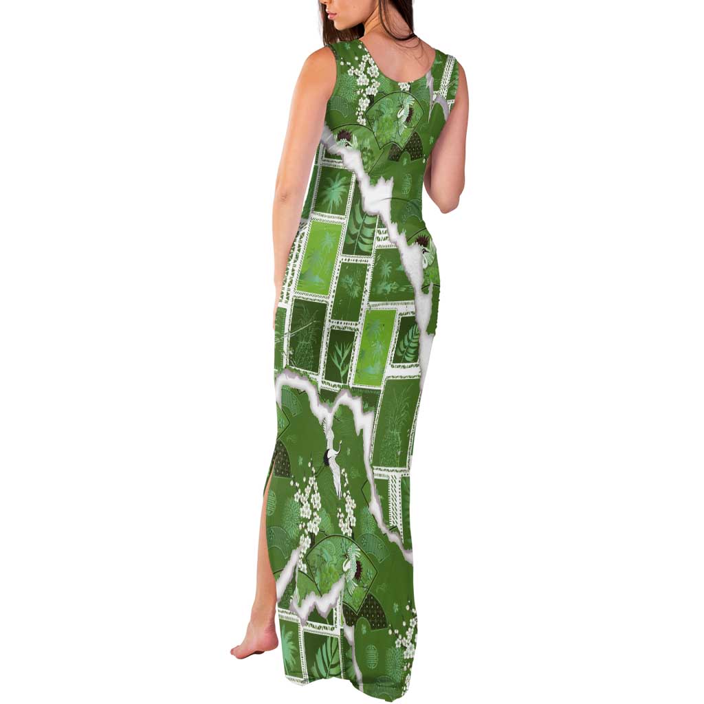 Hawaii Japanese Culture Sage Green Tank Maxi Dress Spring Cranes Aloha Pattern