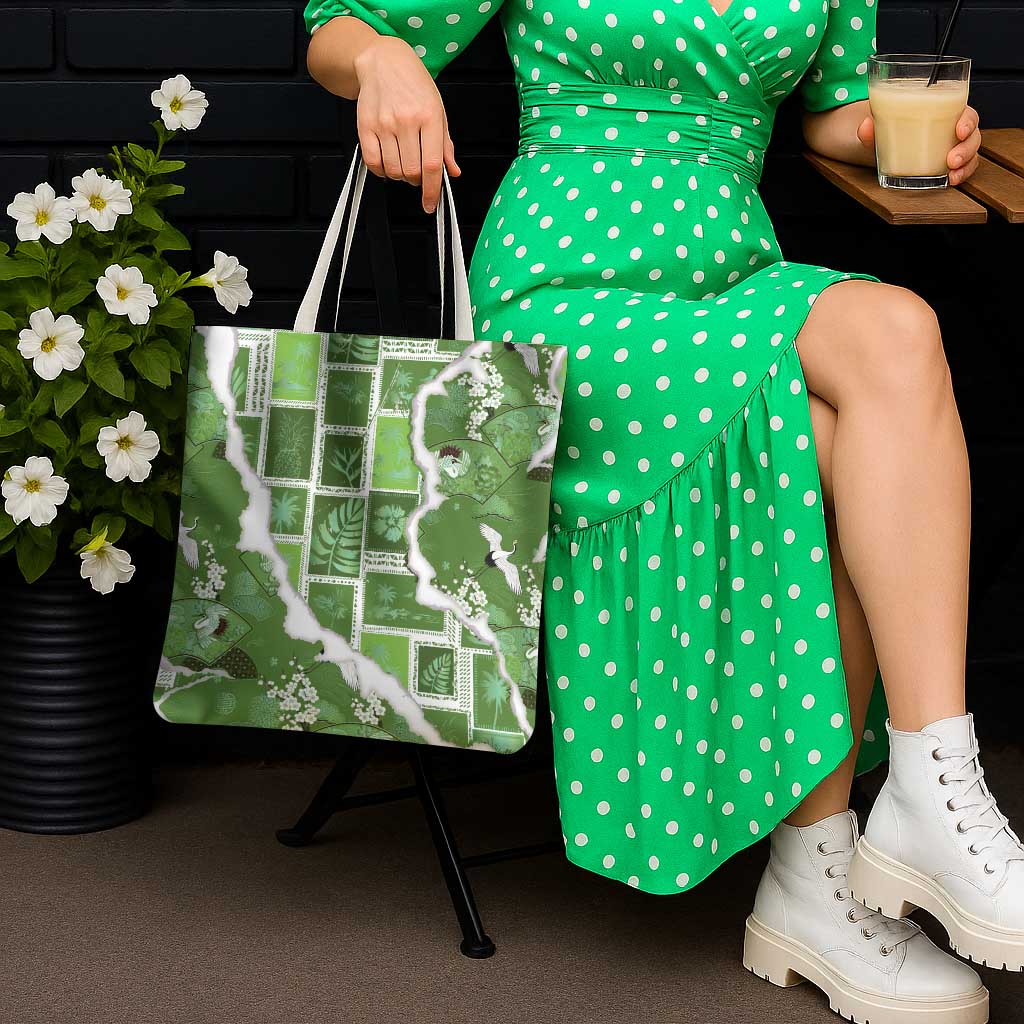 Hawaii Japanese Culture Sage Green Tote Bag Spring Cranes Aloha Pattern LT01 - Polynesian Pride