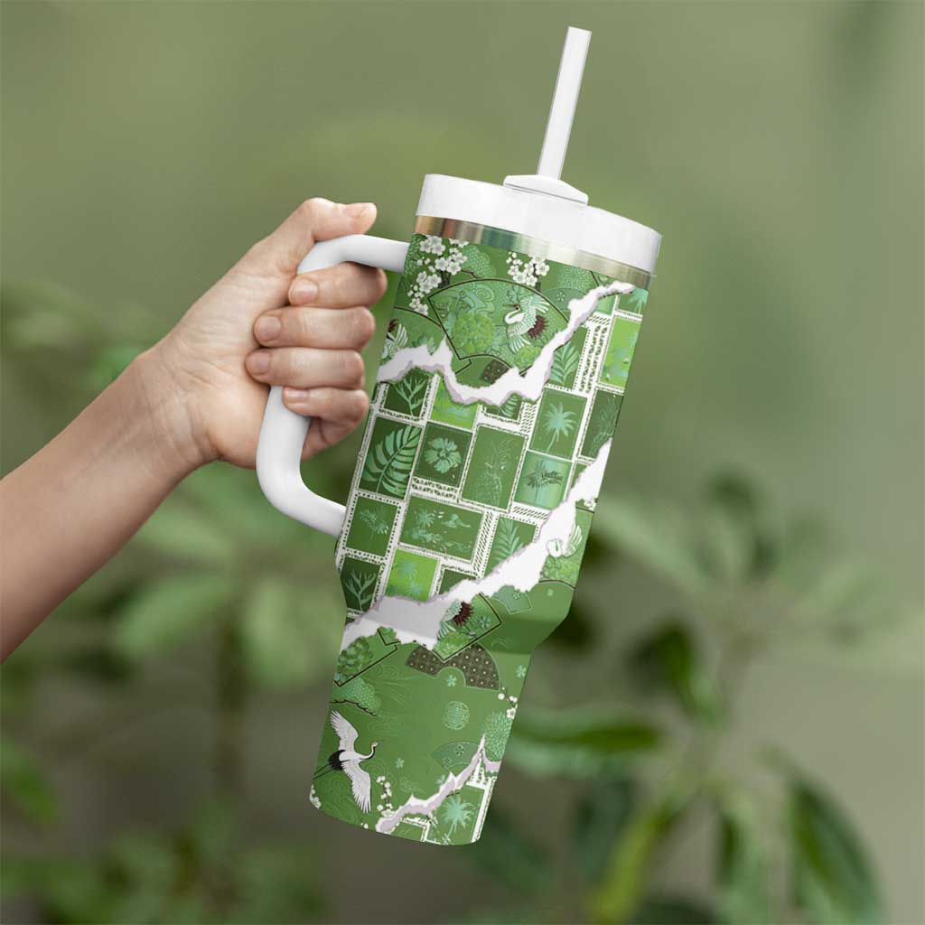 Hawaii Japanese Culture Sage Green Tumbler With Handle Spring Cranes Aloha Pattern LT01 - Polynesian Pride