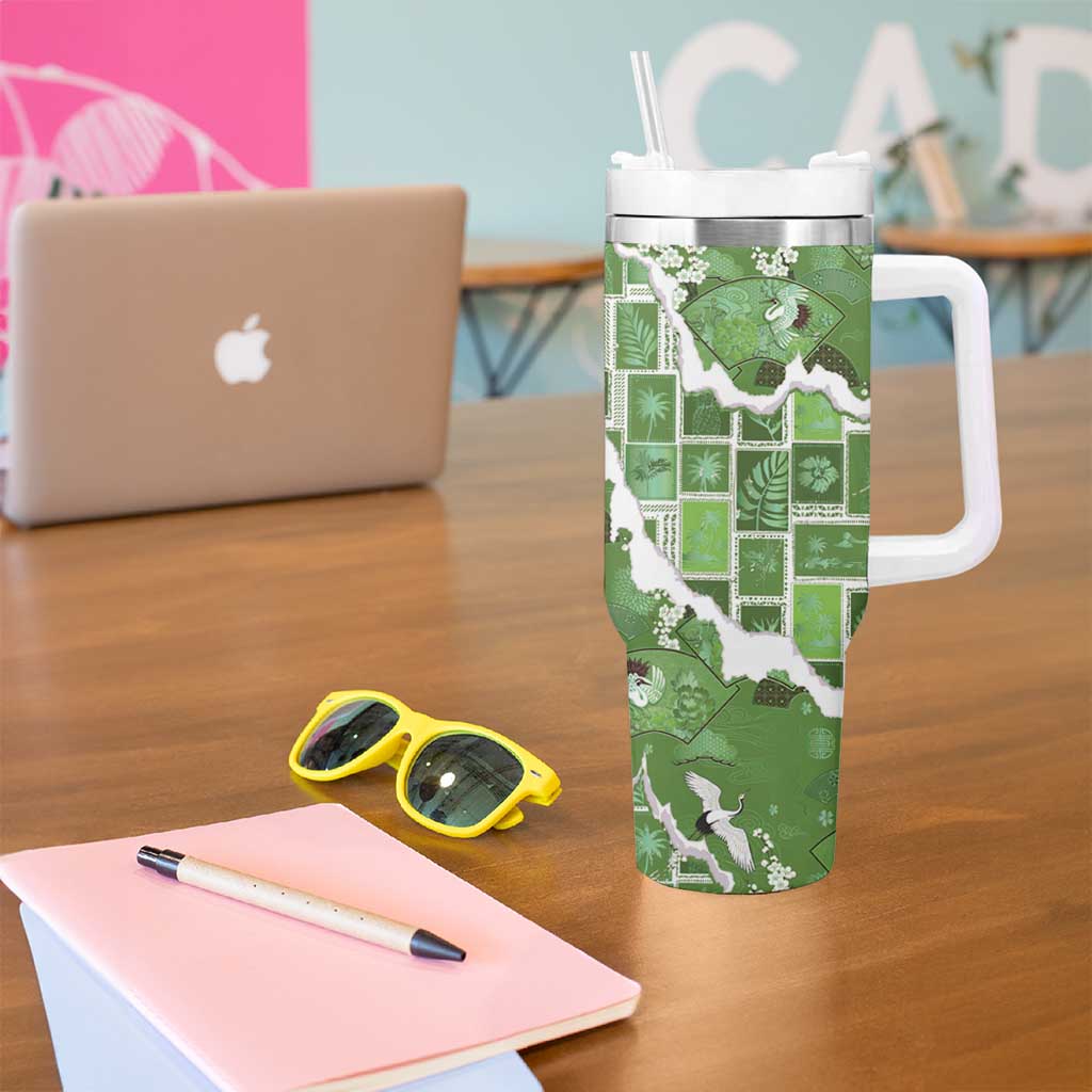 Hawaii Japanese Culture Sage Green Tumbler With Handle Spring Cranes Aloha Pattern LT01 - Polynesian Pride