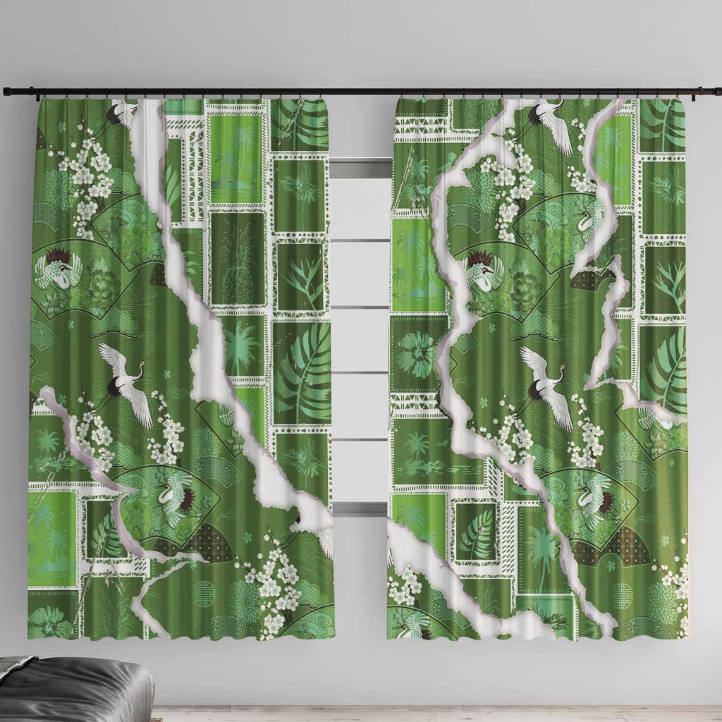 Hawaii Japanese Culture Sage Green Window Curtain Spring Cranes Aloha Pattern LT01 With Hooks Sage - Polynesian Pride