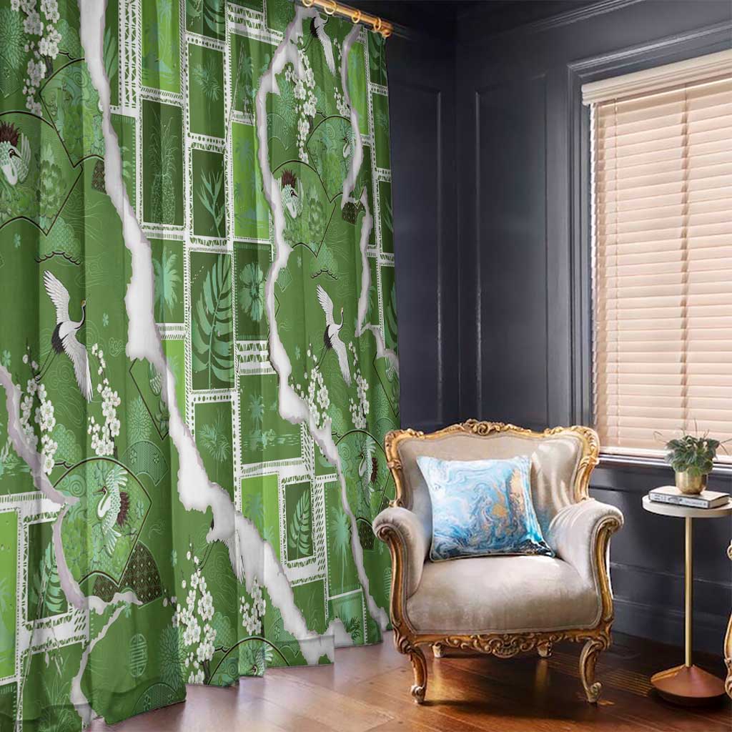 Hawaii Japanese Culture Sage Green Window Curtain Spring Cranes Aloha Pattern LT01 - Polynesian Pride