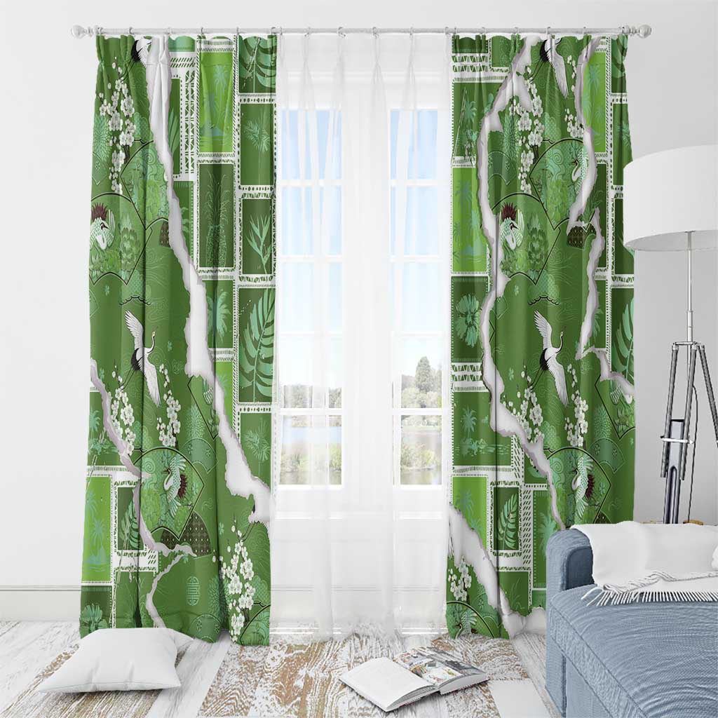 Hawaii Japanese Culture Sage Green Window Curtain Spring Cranes Aloha Pattern LT01 - Polynesian Pride
