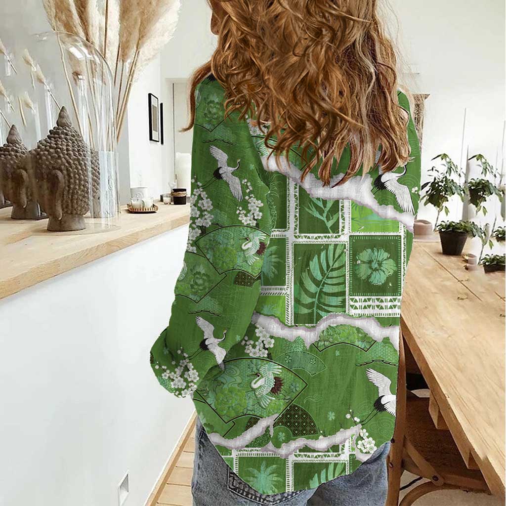 Hawaii Japanese Culture Sage Green Women Casual Shirt Spring Cranes Aloha Pattern LT01 - Polynesian Pride