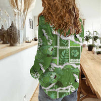 Hawaii Japanese Culture Sage Green Women Casual Shirt Spring Cranes Aloha Pattern LT01 - Polynesian Pride