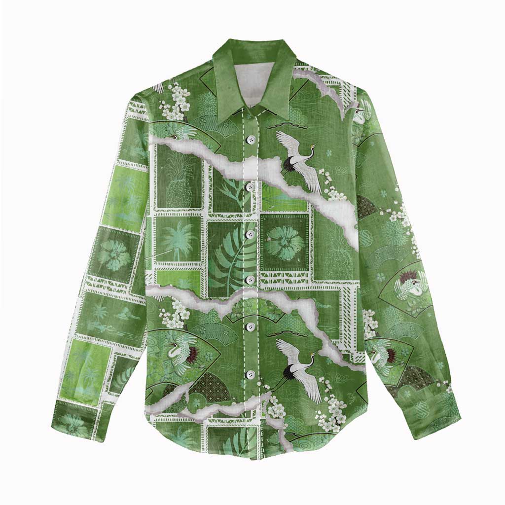 Hawaii Japanese Culture Sage Green Women Casual Shirt Spring Cranes Aloha Pattern LT01 - Polynesian Pride