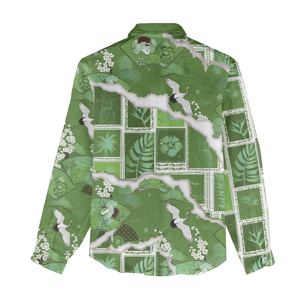 Hawaii Japanese Culture Sage Green Women Casual Shirt Spring Cranes Aloha Pattern LT01 - Polynesian Pride