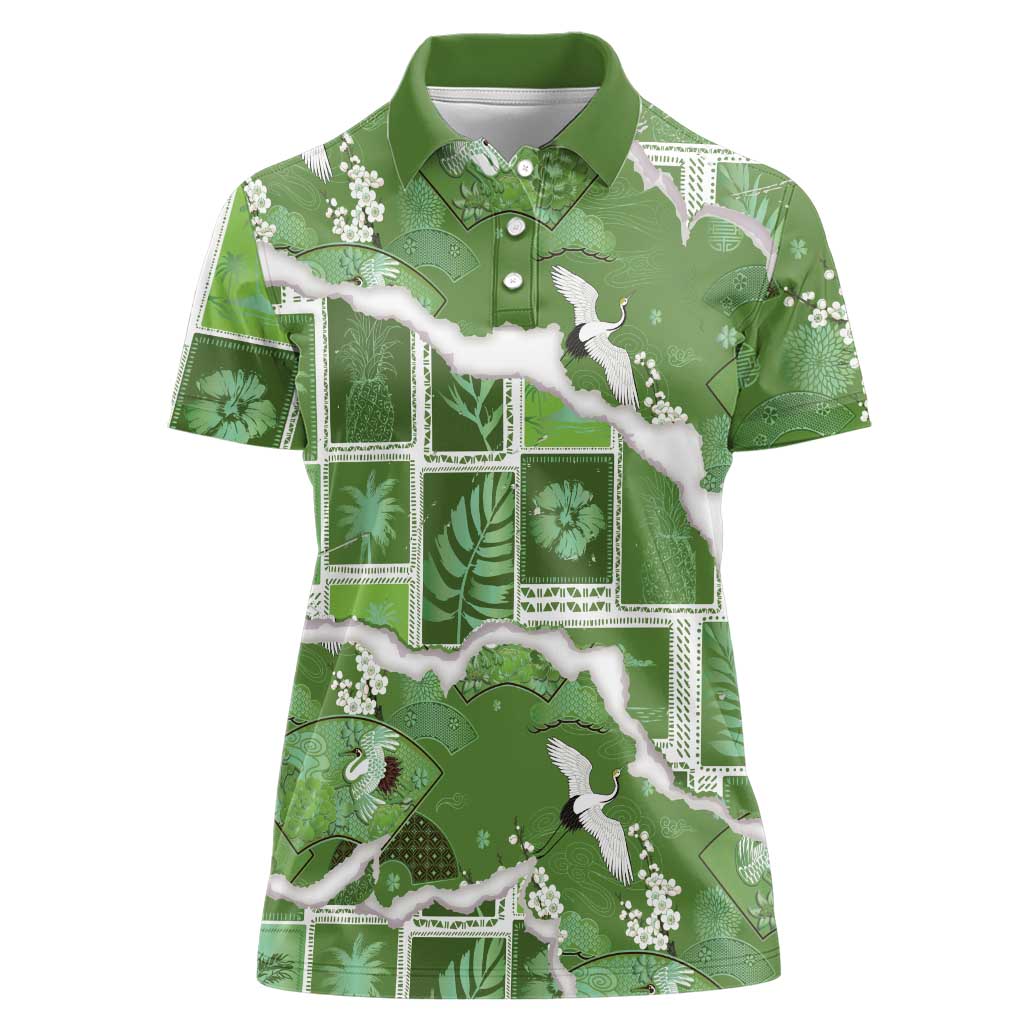 Hawaii Japanese Culture Sage Green Women Polo Shirt Spring Cranes Aloha Pattern