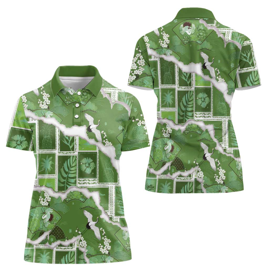 Hawaii Japanese Culture Sage Green Women Polo Shirt Spring Cranes Aloha Pattern LT01 - Polynesian Pride