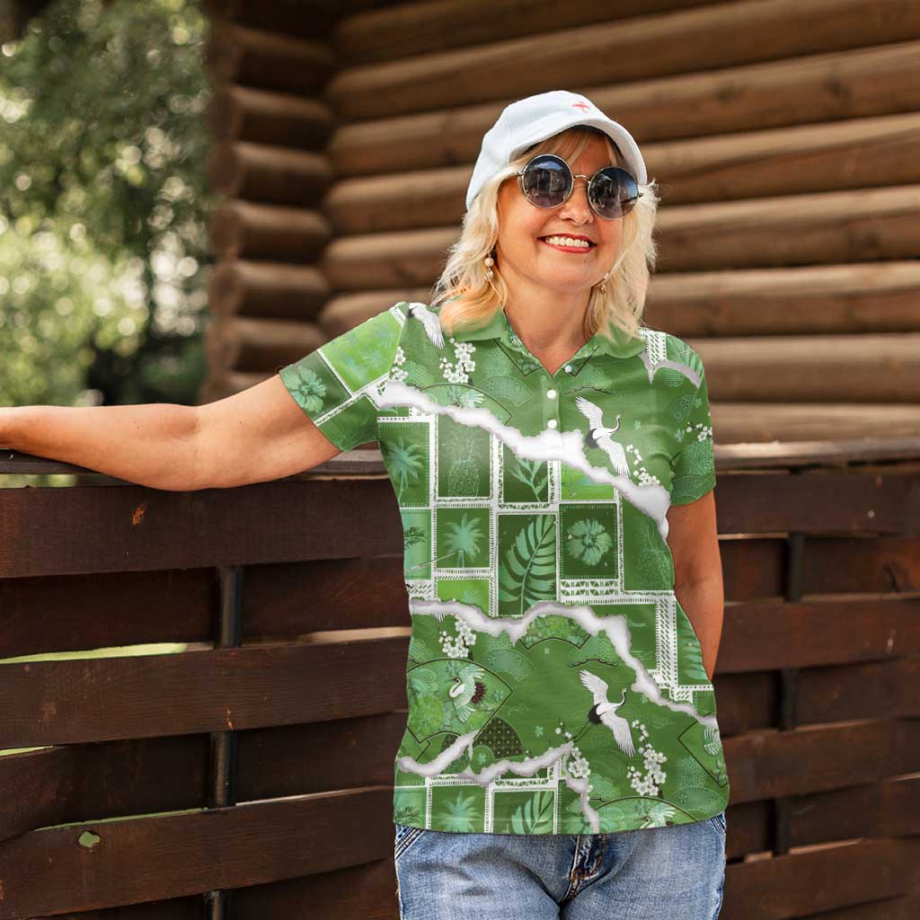 Hawaii Japanese Culture Sage Green Women Polo Shirt Spring Cranes Aloha Pattern LT01 - Polynesian Pride