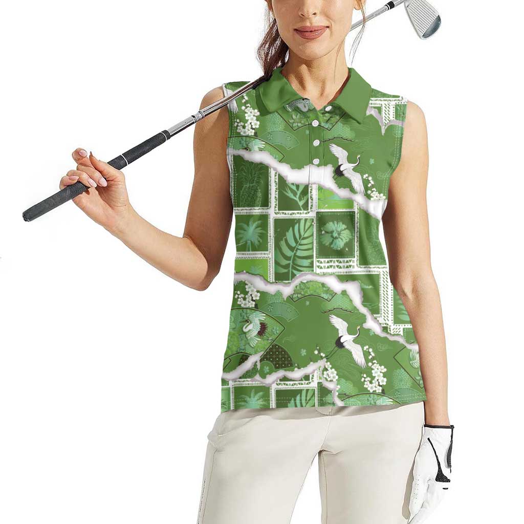 Hawaii Japanese Culture Sage Green Women Sleeveless Polo Shirt Spring Cranes Aloha Pattern LT01 - Polynesian Pride