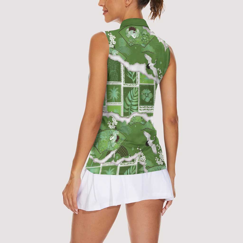 Hawaii Japanese Culture Sage Green Women Sleeveless Polo Shirt Spring Cranes Aloha Pattern LT01 - Polynesian Pride