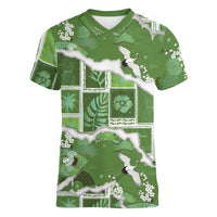 Hawaii Japanese Culture Sage Green Women V-Neck T-Shirt Spring Cranes Aloha Pattern