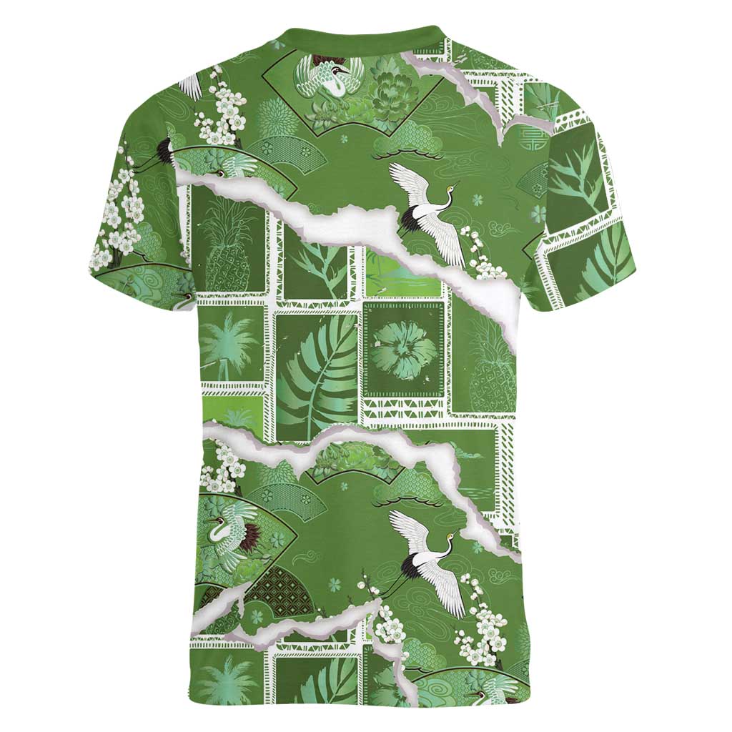 Hawaii Japanese Culture Sage Green Women V-Neck T-Shirt Spring Cranes Aloha Pattern