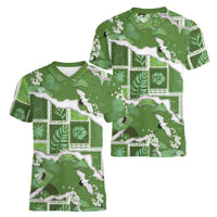Hawaii Japanese Culture Sage Green Women V-Neck T-Shirt Spring Cranes Aloha Pattern