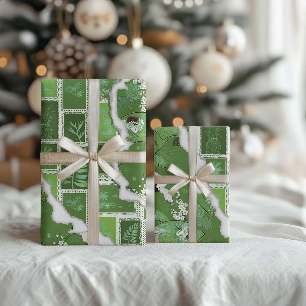 Hawaii Japanese Culture Sage Green Wrapping Paper Spring Cranes Aloha Pattern LT01 - Polynesian Pride