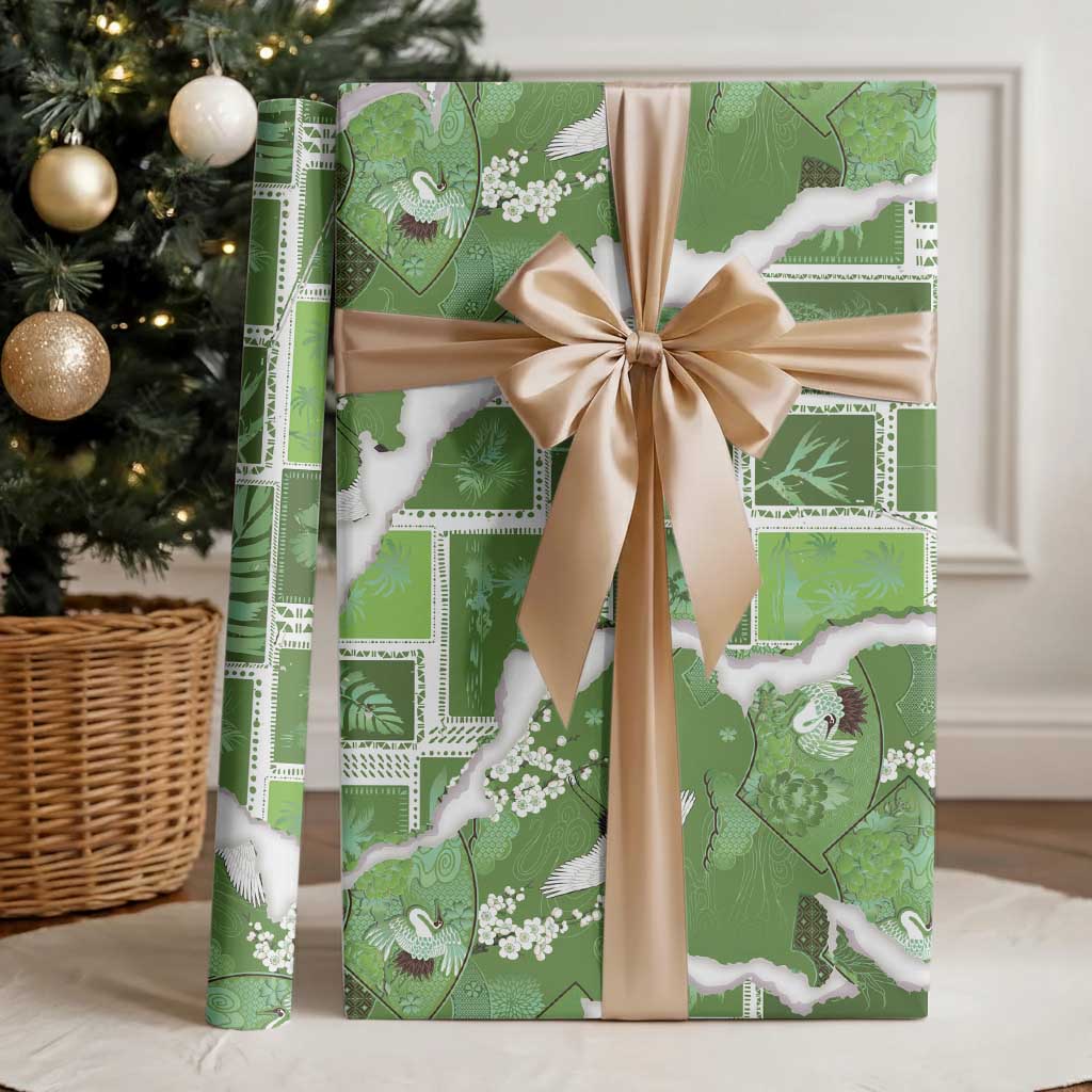 Hawaii Japanese Culture Sage Green Wrapping Paper Spring Cranes Aloha Pattern LT01 - Polynesian Pride
