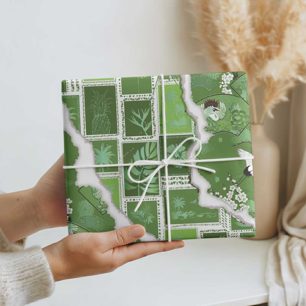 Hawaii Japanese Culture Sage Green Wrapping Paper Spring Cranes Aloha Pattern LT01 - Polynesian Pride