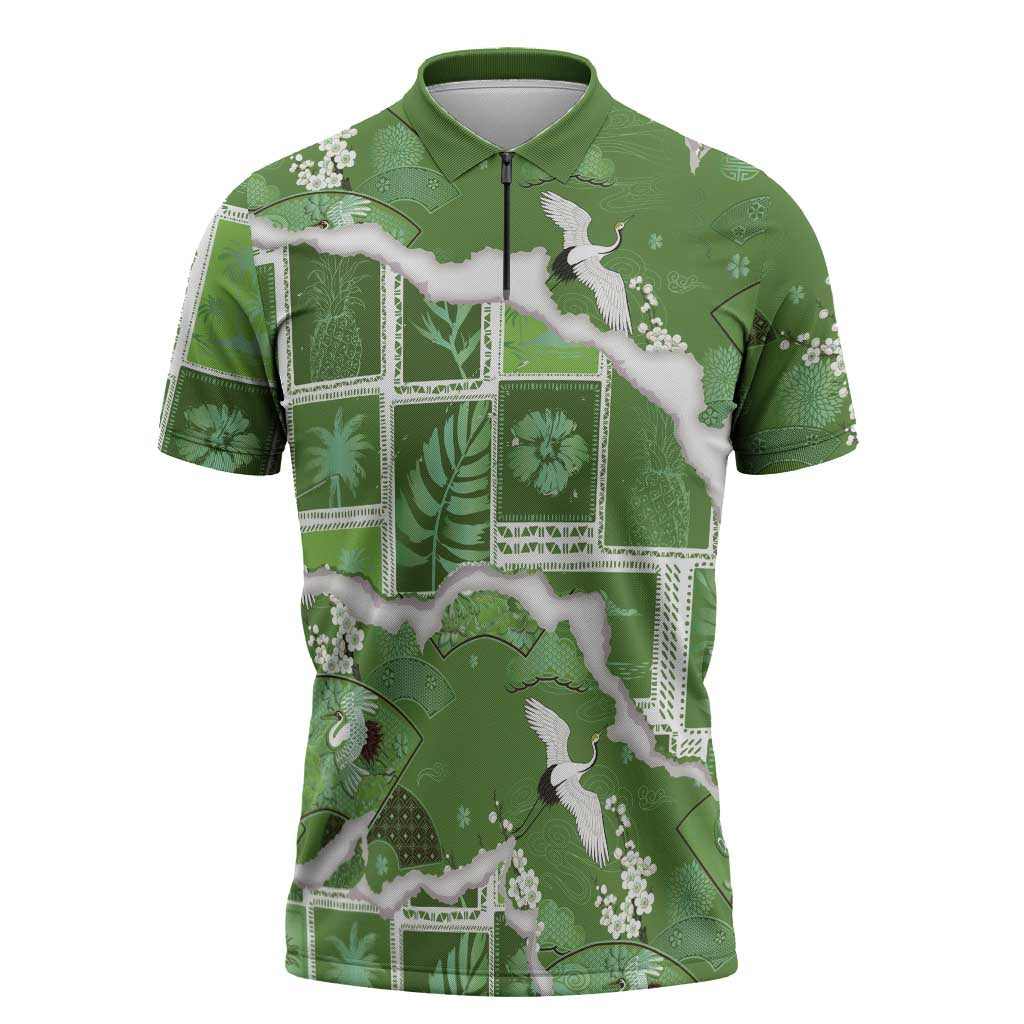 Hawaii Japanese Culture Sage Green Zipper Polo Shirt Spring Cranes Aloha Pattern LT01 Sage - Polynesian Pride