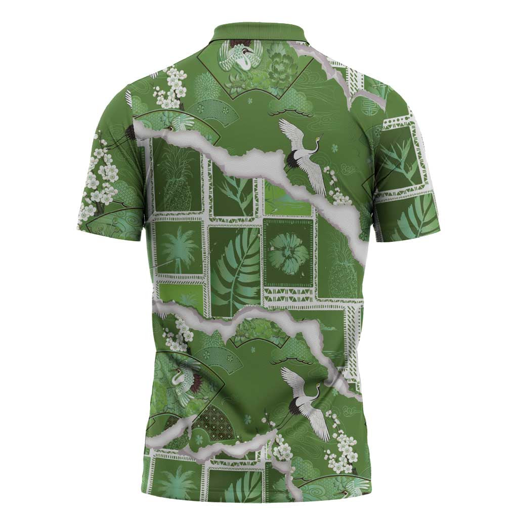 Hawaii Japanese Culture Sage Green Zipper Polo Shirt Spring Cranes Aloha Pattern LT01 - Polynesian Pride