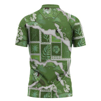 Hawaii Japanese Culture Sage Green Zipper Polo Shirt Spring Cranes Aloha Pattern LT01 - Polynesian Pride