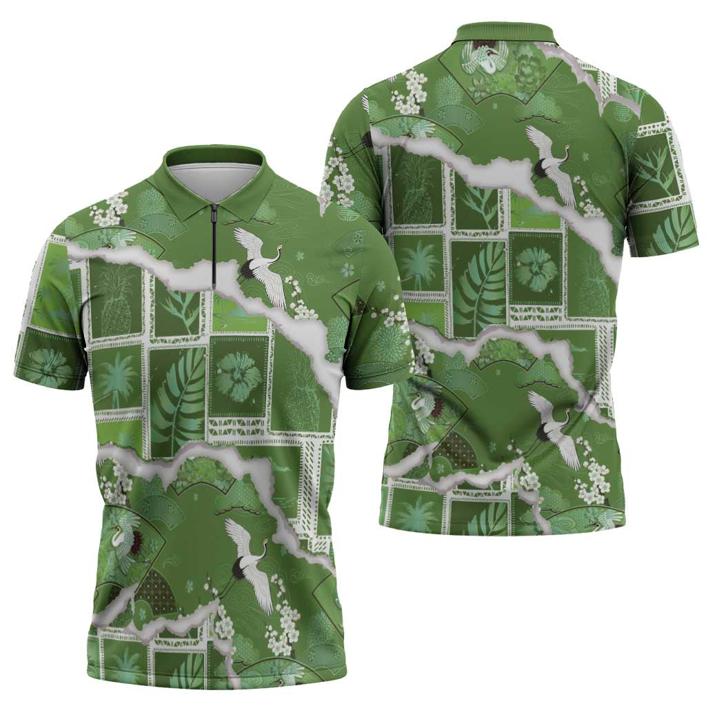 Hawaii Japanese Culture Sage Green Zipper Polo Shirt Spring Cranes Aloha Pattern LT01 - Polynesian Pride