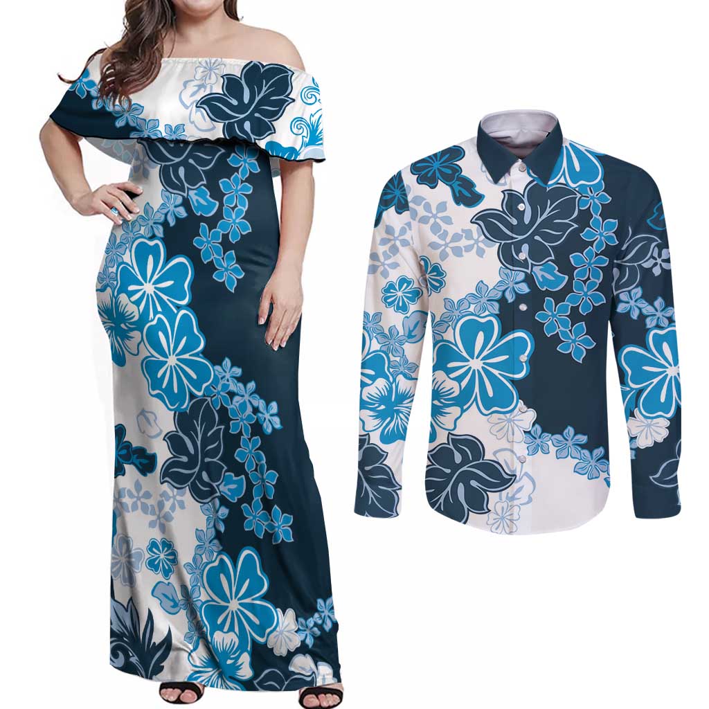 Blue Hibiscus Plumeria Floral Couples Matching Off Shoulder Maxi Dress and Long Sleeve Button Shirt LT01 Blue - Polynesian Pride