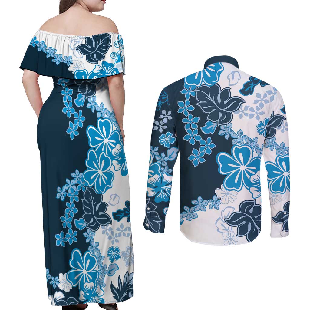Blue Hibiscus Plumeria Floral Couples Matching Off Shoulder Maxi Dress and Long Sleeve Button Shirt LT01 - Polynesian Pride