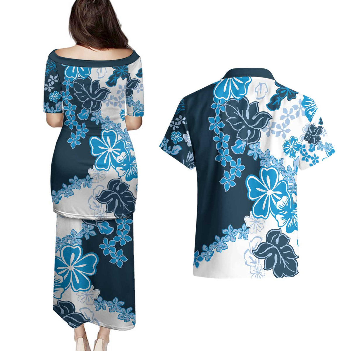 Blue Hibiscus Plumeria Floral Couples Matching Puletasi and Hawaiian Shirt - Polynesian Pride