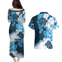Blue Hibiscus Plumeria Floral Couples Matching Puletasi and Hawaiian Shirt - Polynesian Pride