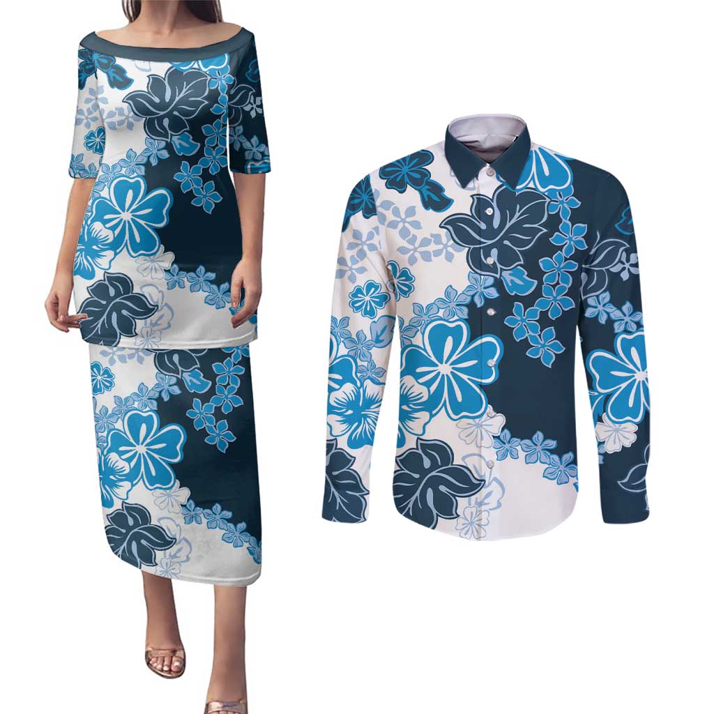 Blue Hibiscus Plumeria Floral Couples Matching Puletasi and Long Sleeve Button Shirt LT01 Blue - Polynesian Pride