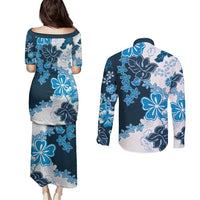 Blue Hibiscus Plumeria Floral Couples Matching Puletasi and Long Sleeve Button Shirt LT01 - Polynesian Pride