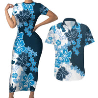Blue Hibiscus Plumeria Floral Couples Matching Short Sleeve Bodycon Dress and Hawaiian Shirt - Polynesian Pride