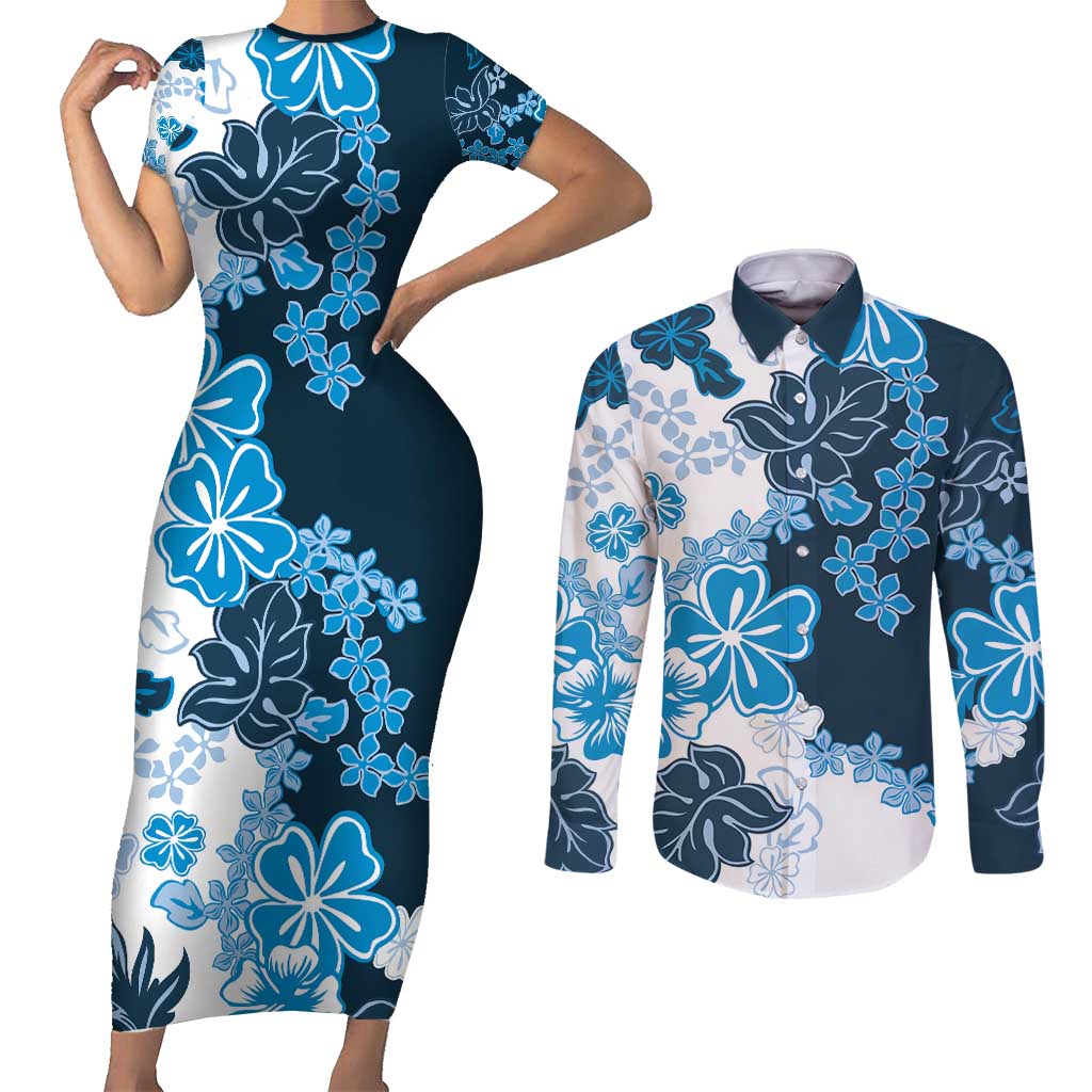 Blue Hibiscus Plumeria Floral Couples Matching Short Sleeve Bodycon Dress and Long Sleeve Button Shirt - Polynesian Pride