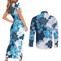 Blue Hibiscus Plumeria Floral Couples Matching Short Sleeve Bodycon Dress and Long Sleeve Button Shirt - Polynesian Pride