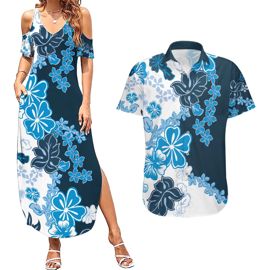 Blue Hibiscus Plumeria Floral Couples Matching Summer Maxi Dress and Hawaiian Shirt - Polynesian Pride