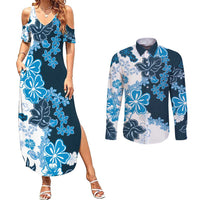 Blue Hibiscus Plumeria Floral Couples Matching Summer Maxi Dress and Long Sleeve Button Shirt LT01 Blue - Polynesian Pride
