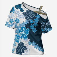Blue Hibiscus Plumeria Floral Cross Shoulder Shirt LT01 Female Blue - Polynesian Pride